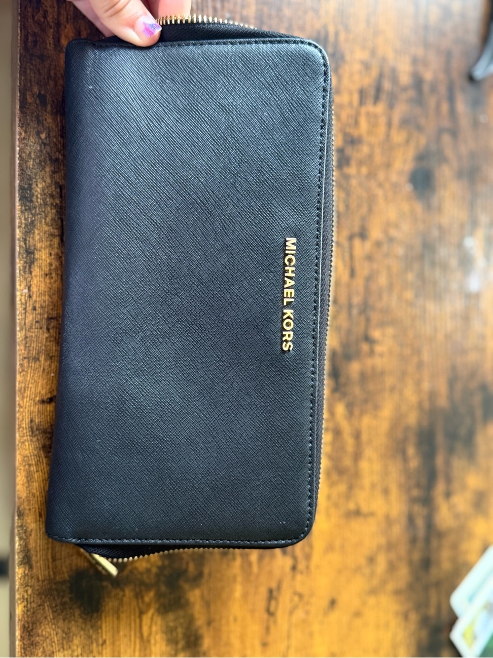 Michael Kors Black Saffiano Zip Wallet with Gold Logo